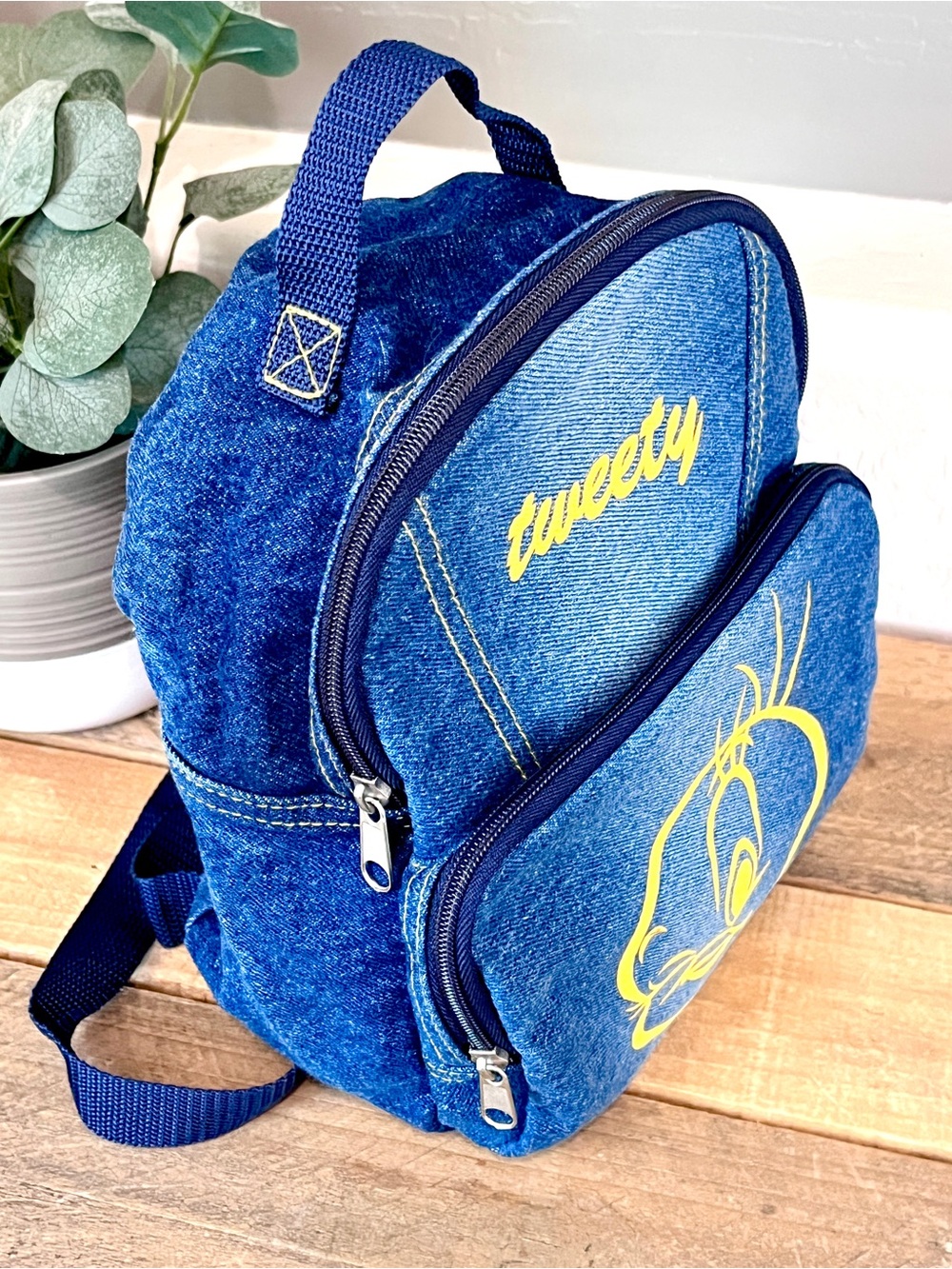 Vintage Looney Tunes Tweety Bird Blue Denim Mini Backpack - Picture 2 of 8